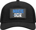 Black trucker cap with a 'Nice Ice' rubber patch in the center on a white background