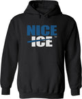 Black hoodie with 'NICE ICE' text in blue and white on a white background