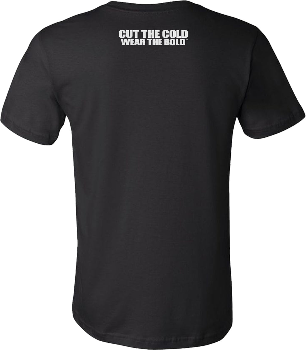 Black t-shirt back with white text 'Cut the Cold Wear the Bold' on a white background